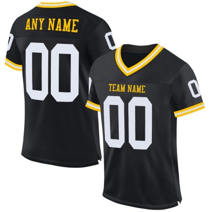 Personalized Black and Gold Mesh Throwback Football Jersey for Men Personalized Black White-Gold Mesh Throwback Football