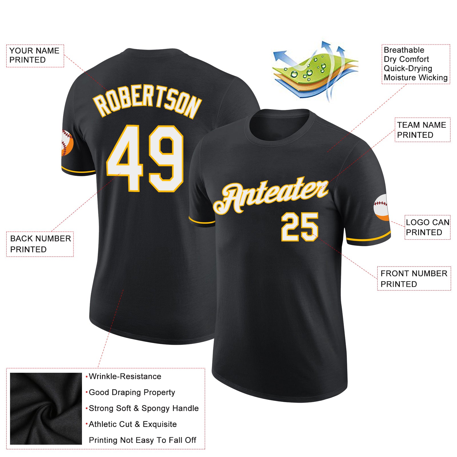 Personalized Performance T-Shirt in Black and White Gold - Customizable Tee for Men and Women Personalized Black White-Gold - Image 2