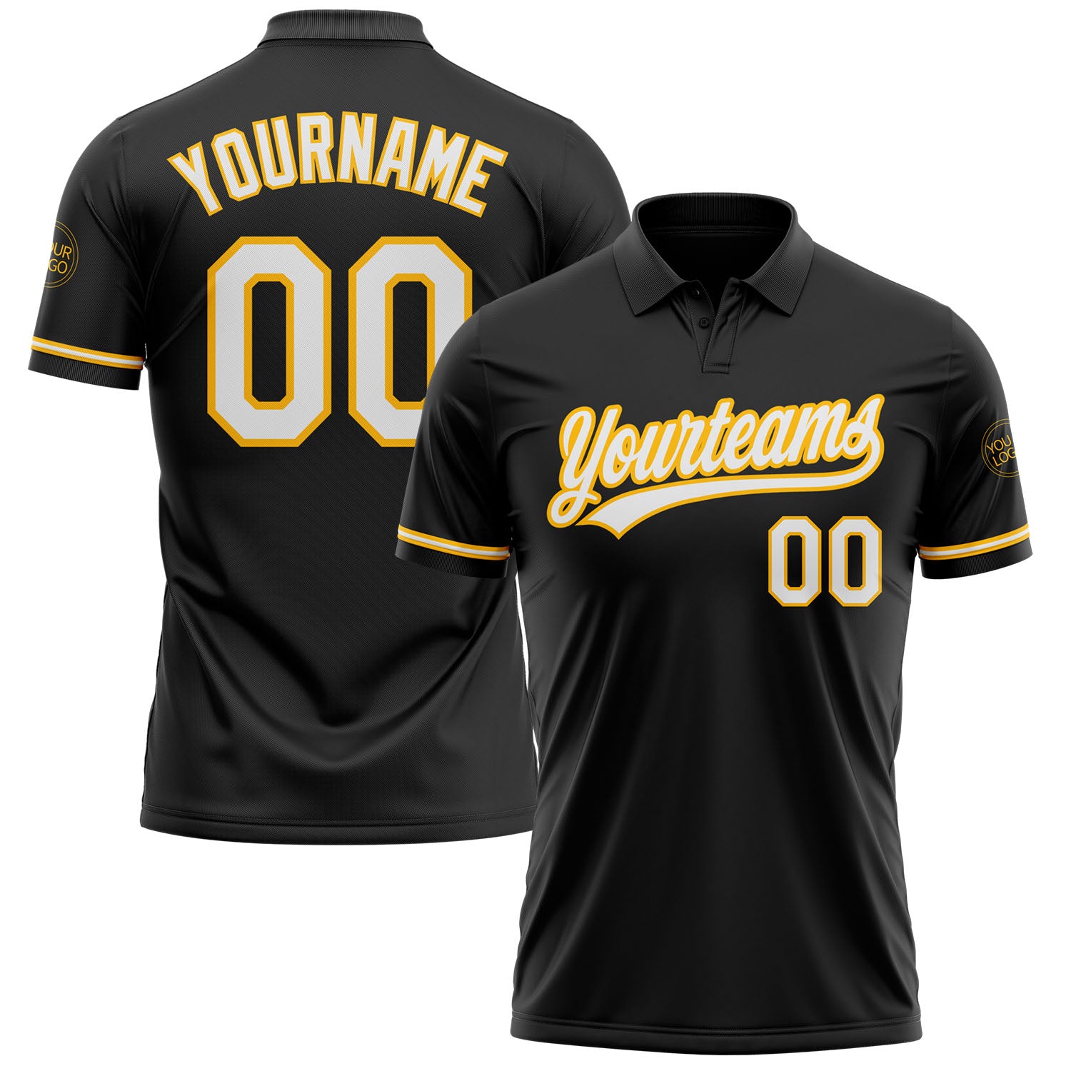 Custom Team Name Number Black White-Gold Performance Vapor Golf Polo Shirt Personalized Black White-Gold Performance Vapor