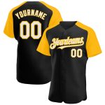Personalized Black and Gold Baseball Jersey with White Raglan Sleeves - Custom Sports Apparel Personalized Black White-Gold