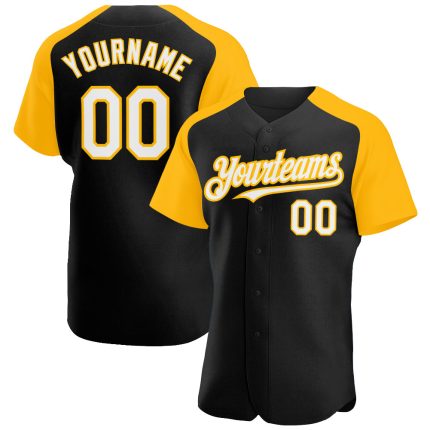 Personalized Black and Gold Baseball Jersey with White Raglan Sleeves - Custom Sports Apparel Personalized Black White-Gold