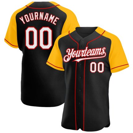 Custom Black White Gold Red Baseball Jersey with Personalized Name and Number, Authentic Raglan Sleeves Design Personalized
