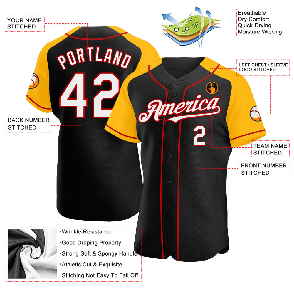 Personalized Black White Gold-Red Authentic Raglan Sleeves Baseball Jersey Team Custom Name and Number Custom Black White Gold Red Baseball Jersey with Personalized Name and Number, Authentic Raglan Sleeves Design Personalized - Image 3