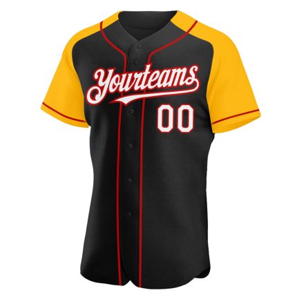 Personalized Baseball Jersey - Black White Gold-Red Raglan Sleeves Design Personalized Black White Gold-Red Raglan Sleeves