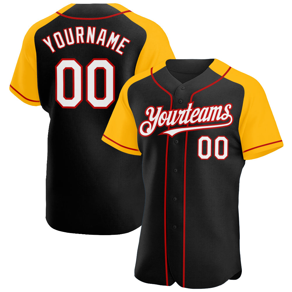 Personalized Baseball Jersey - Black White Gold-Red Raglan Sleeves Design Personalized Black White Gold-Red Raglan Sleeves