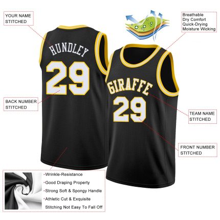 Personalized Black Gold Round Neck Basketball Jersey - Rib-Knit Design Personalized Black White-Gold Round Neck Rib-Knit
