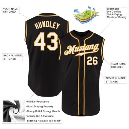 Personalized Black White Gold Sleeveless Baseball Jersey for Men and Women Personalized Black White-Gold Sleeveless Baseball