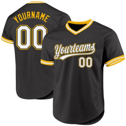 Personalized Black White Gold Baseball Jersey - Custom Throwback Style Jersey Personalized Black White-Gold Throwback Baseball