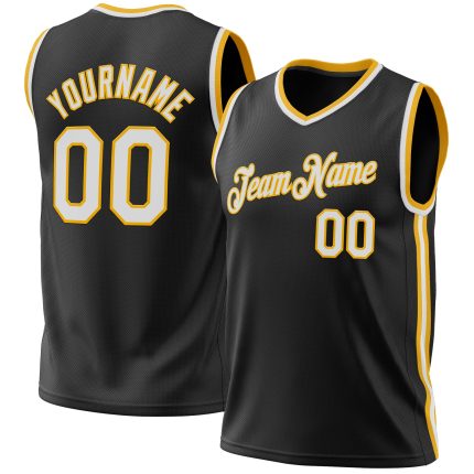 Personalized Throwback Basketball Jersey in Black and White-Gold Personalized Black White-Gold Throwback Basketball Jersey