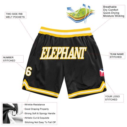 Personalized Throwback Basketball Shorts in Black and White-Gold Personalized Black White-Gold Throwback Basketball Shorts