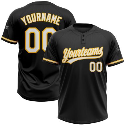 Custom Black White-Gold Two-Button Unisex Softball Jersey with Personalized Name and Number Personalized Black White-Gold