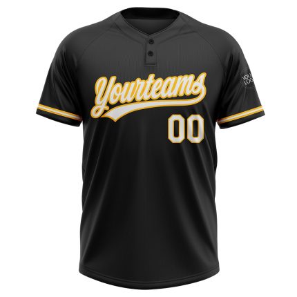 Custom Black White-Gold Two-Button Unisex Softball Jersey with Personalized Name and Number Personalized Black White-Gold