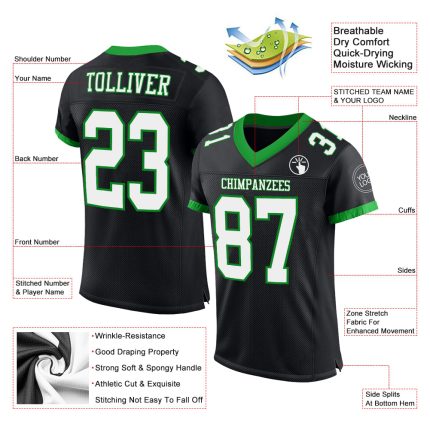Custom Authentic Football Jersey Personalized with Name and Number - Black and Grass Green Mesh Personalized Black White-Grass