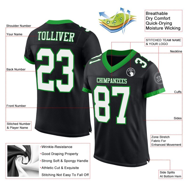 Personalized Black and Green Mesh Football Jersey - Custom Team Apparel Personalized Black White-Grass Green Mesh Football
