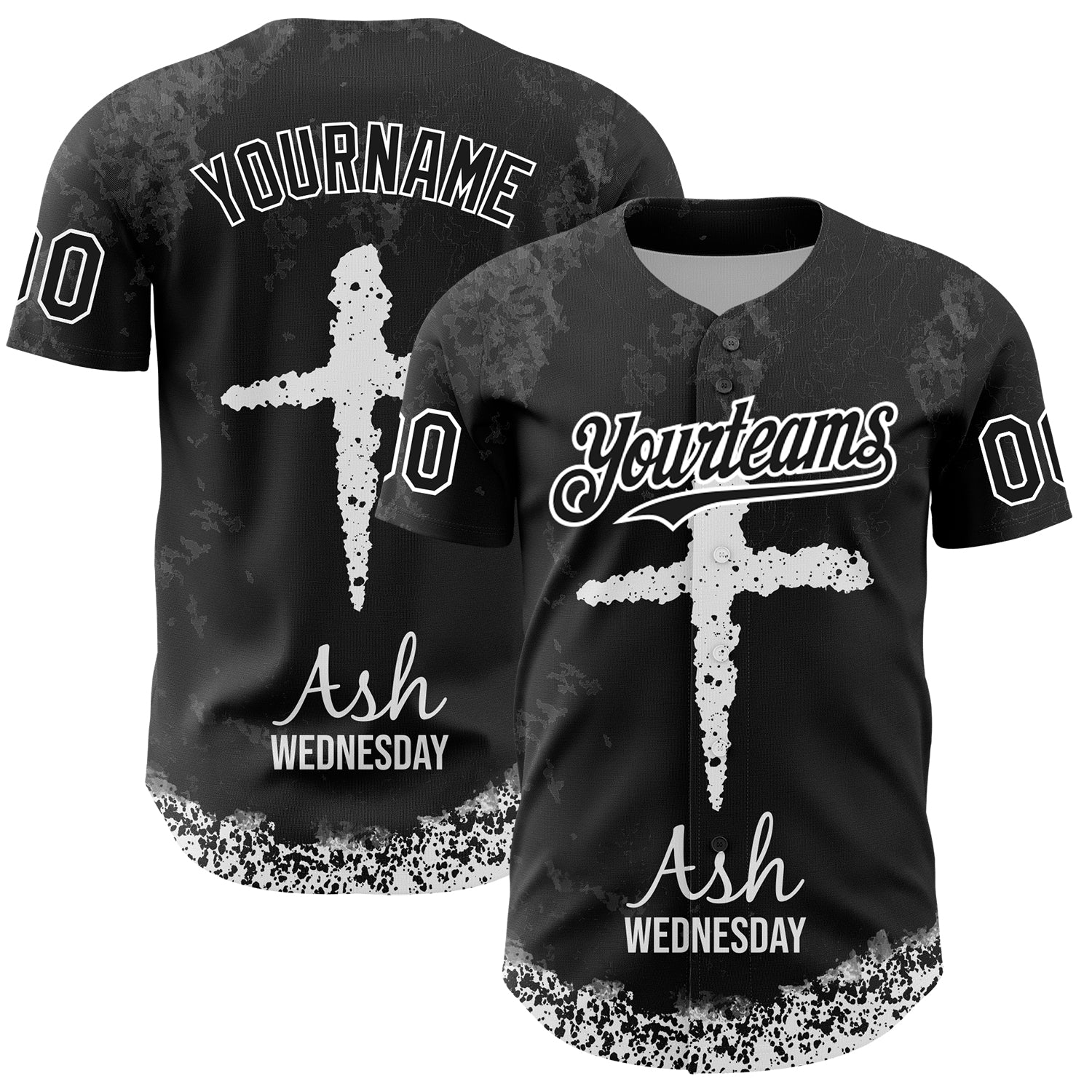 Personalized 3D Jesus Christ Religion Cross Baseball Jersey - Black White Gray Ash Wednesday Personalized Black White-Gray