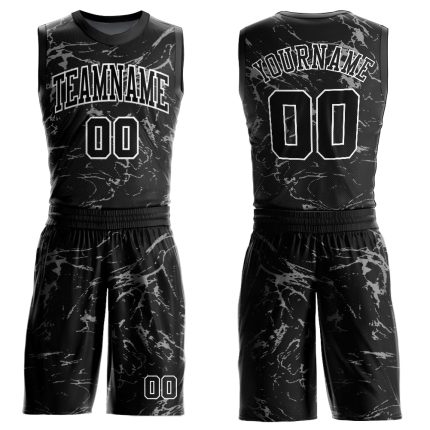 Personalized Abstract Grunge Art Basketball Jersey Sublimation Round Neck Suit in Black White-Gray Personalized Black White-Gray