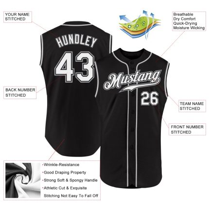 Custom Name and Number Personalized Black White-Gray Sleeveless Baseball Jersey - Authentic Team Apparel Personalized Black