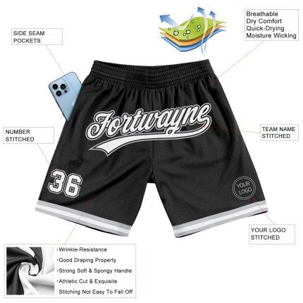 Personalized Authentic Basketball Shorts - Black White Gray Throwback Style Personalized Black White-Gray Authentic Throwback