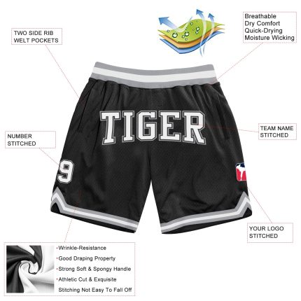 Custom Name and Number Basketball Shorts - Personalized Black White-Gray Authentic Throwback Design Personalized Black White-Gray