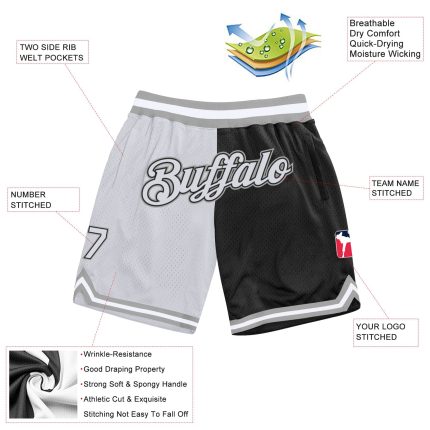 Custom Team Name Number Authentic Basketball Shorts - Black White Gray Split Fashion Design Personalized Black White-Gray