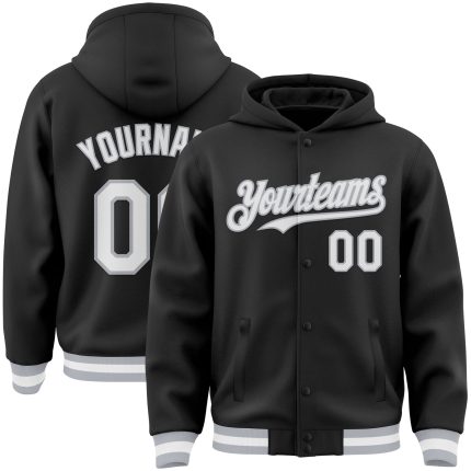 Personalized Varsity Letterman Hoodie Jacket Black White Gray Bomber Full-Snap Personalized Black White-Gray Bomber Full-Snap