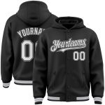 Custom Name and Number Varsity Letterman Hoodie Jacket - Personalized Black White Gray Bomber Full-Snap Style Personalized