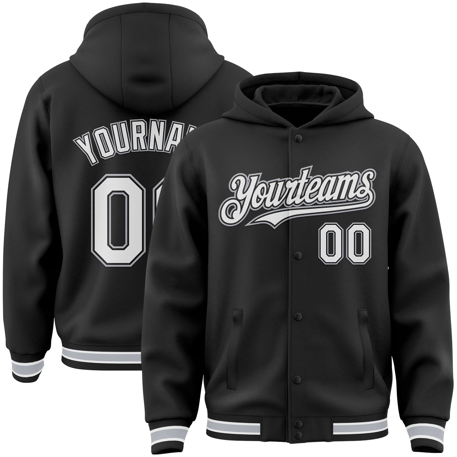 Custom Name and Number Varsity Letterman Hoodie Jacket - Personalized Black White Gray Bomber Full-Snap Style Personalized