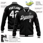 Custom Black White-Gray Varsity Letterman Bomber Jacket for Men and Women Full-Snap Design Personalized Black White-Gray