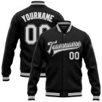 Personalized Varsity Letterman Jacket Black White Gray Full-Snap Bomber Personalized Black White-Gray Bomber Full-Snap Varsity