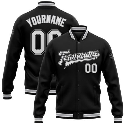 Personalized Varsity Letterman Jacket Black White Gray Full-Snap Bomber Personalized Black White-Gray Bomber Full-Snap Varsity