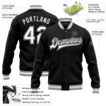 Custom Black White Gray Bomber Jacket with Name and Number - Varsity Full-Snap Letterman Style Personalized Black White-Gray
