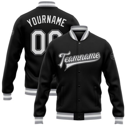 Custom Black White Gray Bomber Jacket with Name and Number - Varsity Full-Snap Letterman Style Personalized Black White-Gray