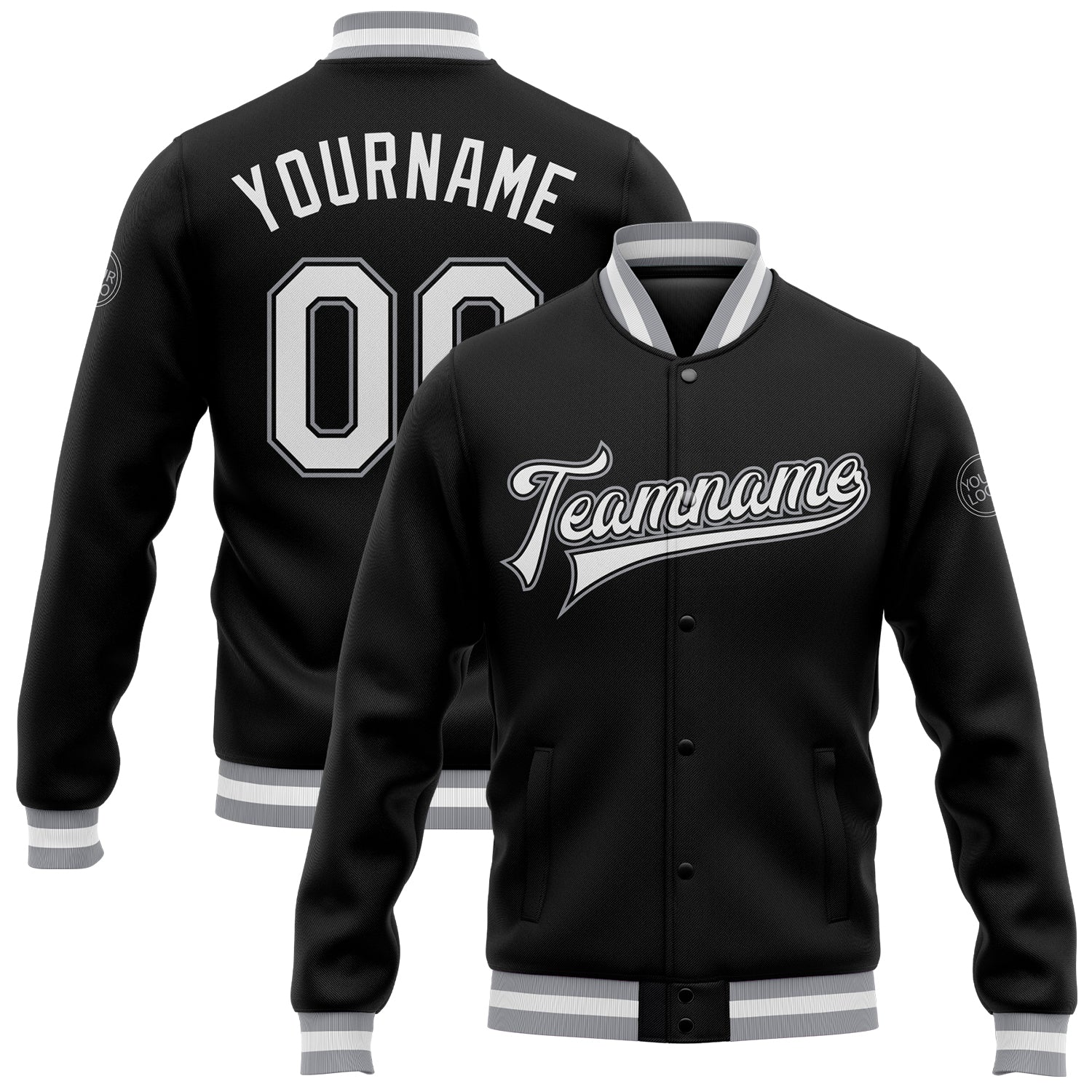 Custom Black White Gray Bomber Jacket with Name and Number - Varsity Full-Snap Letterman Style Personalized Black White-Gray