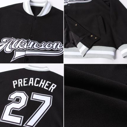 Custom Black White Gray Bomber Jacket with Name and Number - Varsity Full-Snap Letterman Style Personalized Black White-Gray
