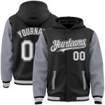 Custom Name Number Two Tone Hoodie Jacket Bomber Varsity Letterman Black White Gray Full-Snap Personalized Black White-Gray