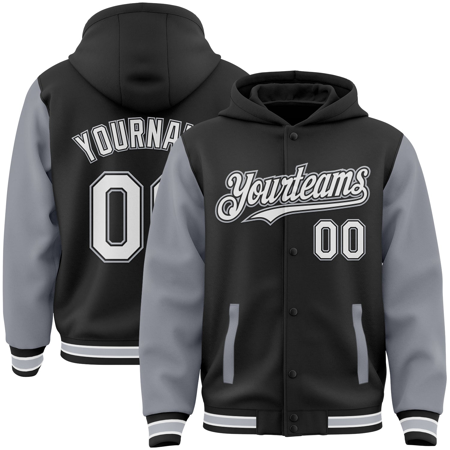 Custom Name Number Two Tone Hoodie Jacket Bomber Varsity Letterman Black White Gray Full-Snap Personalized Black White-Gray