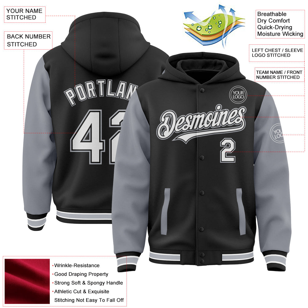 Personalized Black White-Gray Bomber Full-Snap Varsity Letterman Two Tone Hoodie Jacket Team Custom Name and Number Custom Name Number Two Tone Hoodie Jacket Bomber Varsity Letterman Black White Gray Full-Snap Personalized Black White-Gray - Image 3
