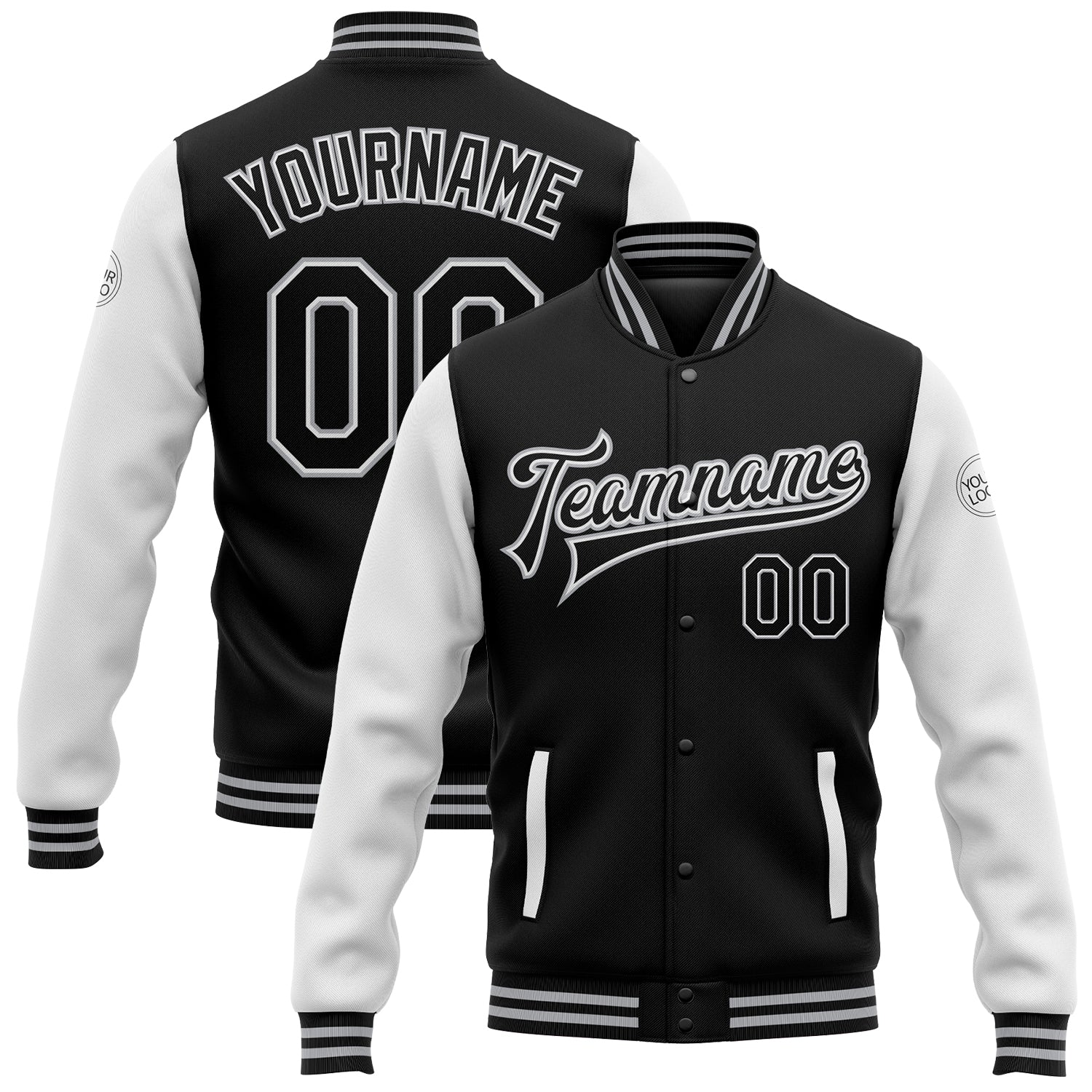 Personalized Bomber Jacket Black White Gray Varsity Full-Snap Two Tone Letterman Personalized Black White-Gray Bomber Full-Snap
