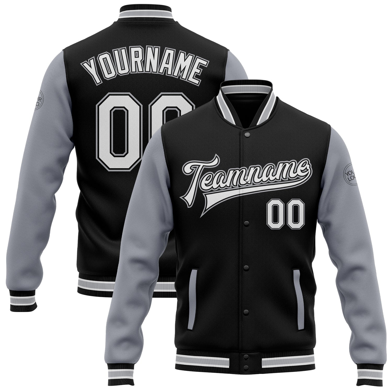 Personalized Two Tone Black White Gray Varsity Letterman Bomber Jacket Full-Snap 3 Personalized Black White-Gray Bomber Full-Snap