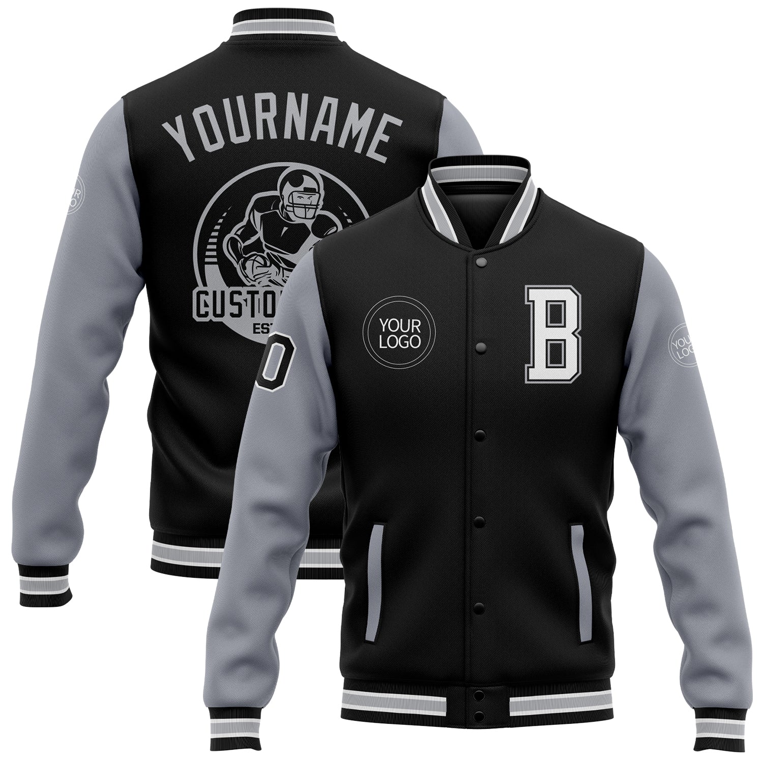 Personalized Bomber Varsity Jacket Black White Gray Two Tone Full-Snap 4 Personalized Black White-Gray Bomber Full-Snap Varsity