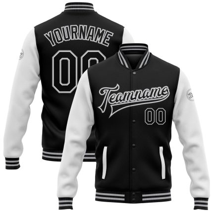 Personalized Two Tone Bomber Varsity Letterman Jacket Black White Gray Full-Snap Personalized Black White-Gray Bomber Full-Snap