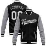 Personalized Black Gray Two Tone Varsity Letterman Bomber Jacket Full Snap Personalized Black White-Gray Bomber Full-Snap