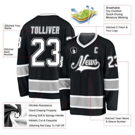 Customized Black White Gray Hockey Jersey for Fans and Players Personalized Black White-Gray Hockey Jersey