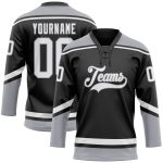 Personalized Hockey Jersey - Black White Gray Lace Neck Design for Custom Fan Gear Personalized Black White-Gray Hockey Lace