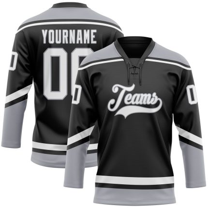 Personalized Hockey Jersey - Black White Gray Lace Neck Design for Custom Fan Gear Personalized Black White-Gray Hockey Lace