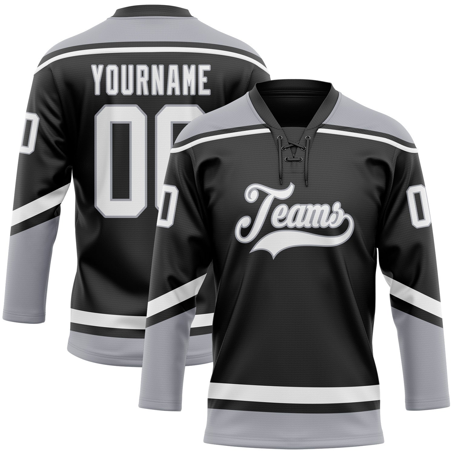 Custom Name and Number Hockey Jersey - Personalized Black White-Gray Lace Neck Team Gear Personalized Black White-Gray Hockey