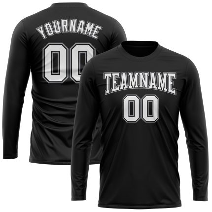 Custom Team Name Number Long Sleeve Performance T-Shirt - Personalized Black White-Gray Design Personalized Black White-Gray