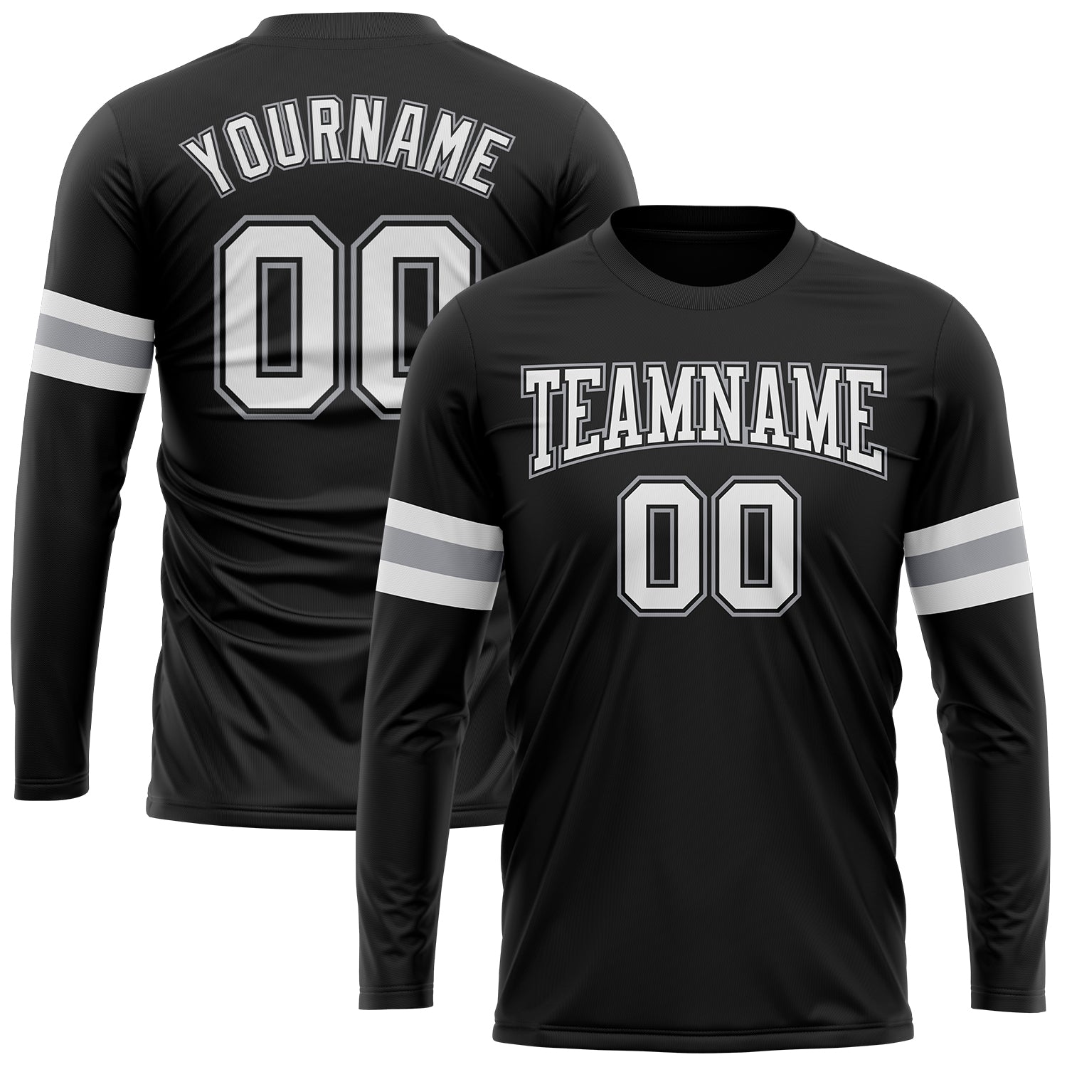 Custom Team Name Number Long Sleeve Performance T-Shirt - Personalized Black White-Gray Design Personalized Black White-Gray