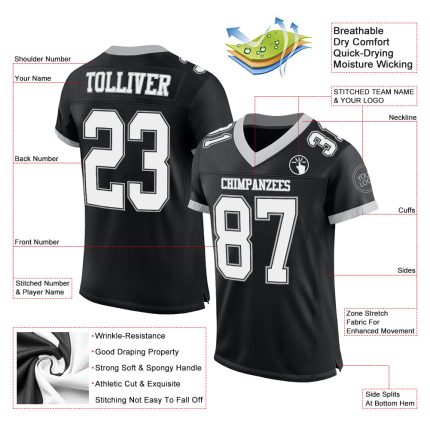 Personalized Authentic Football Jersey - Black White Gray Mesh Design Personalized Black White-Gray Mesh Authentic Football