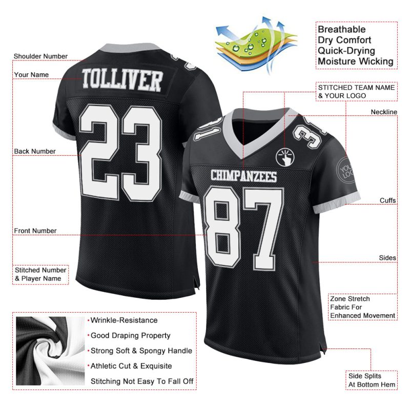 Personalized Black Gray Football Jersey - Customizable Mesh Design, Size 2 Personalized Black White-Gray Mesh Football Jersey